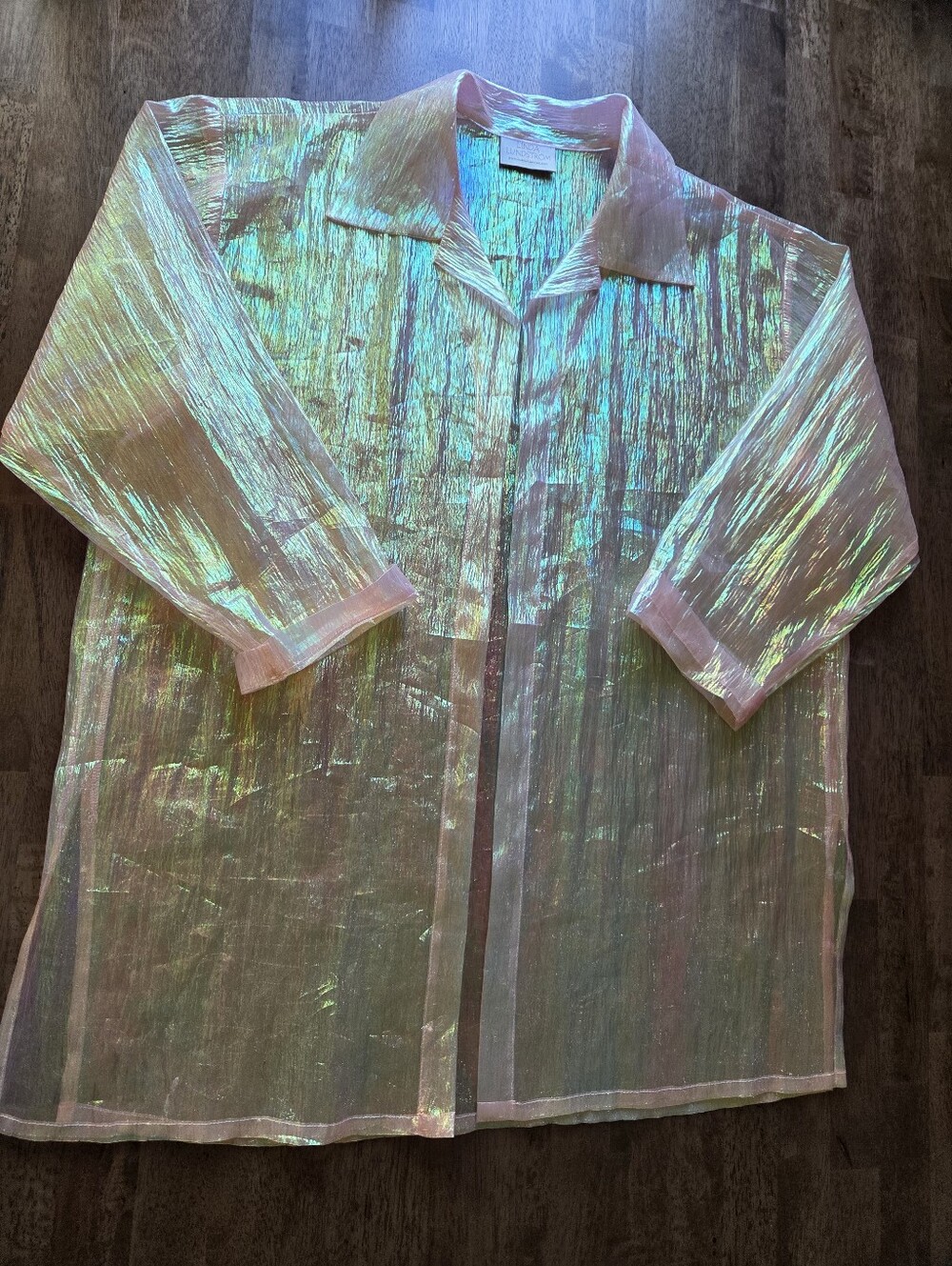 Iridescent Sheer Open Front Long Blouse Crinkle Rainbow Shine